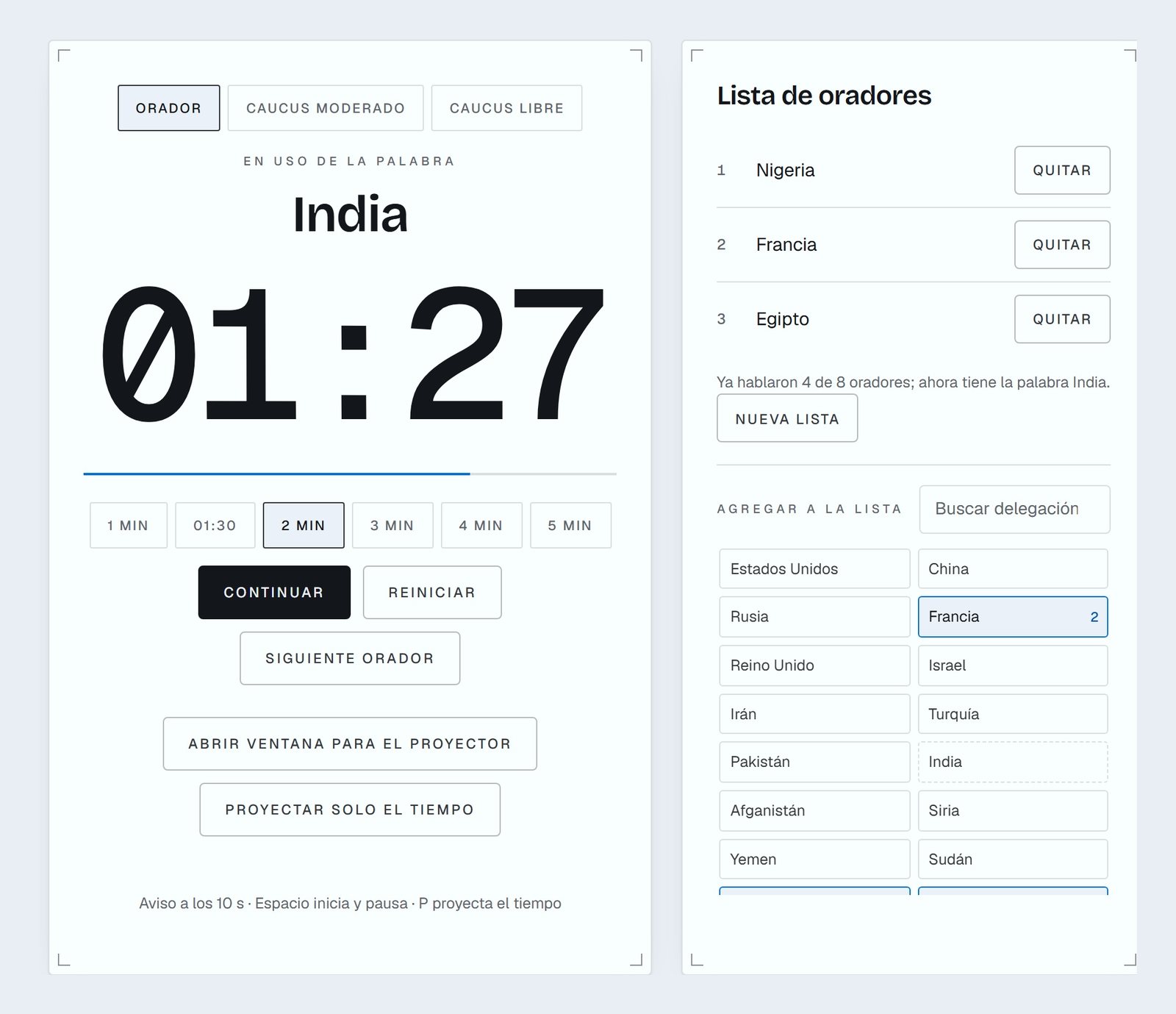 Panel de la Mesa en el foro OMS: cronómetro con 01:27 para India, lista de oradores y delegaciones para agregar con un toque.