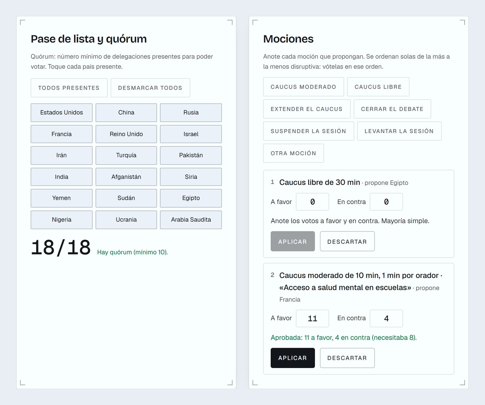 Panel de la Mesa: pase de lista con 18 de 18 presentes y quórum, y mociones ordenadas con sus votos.