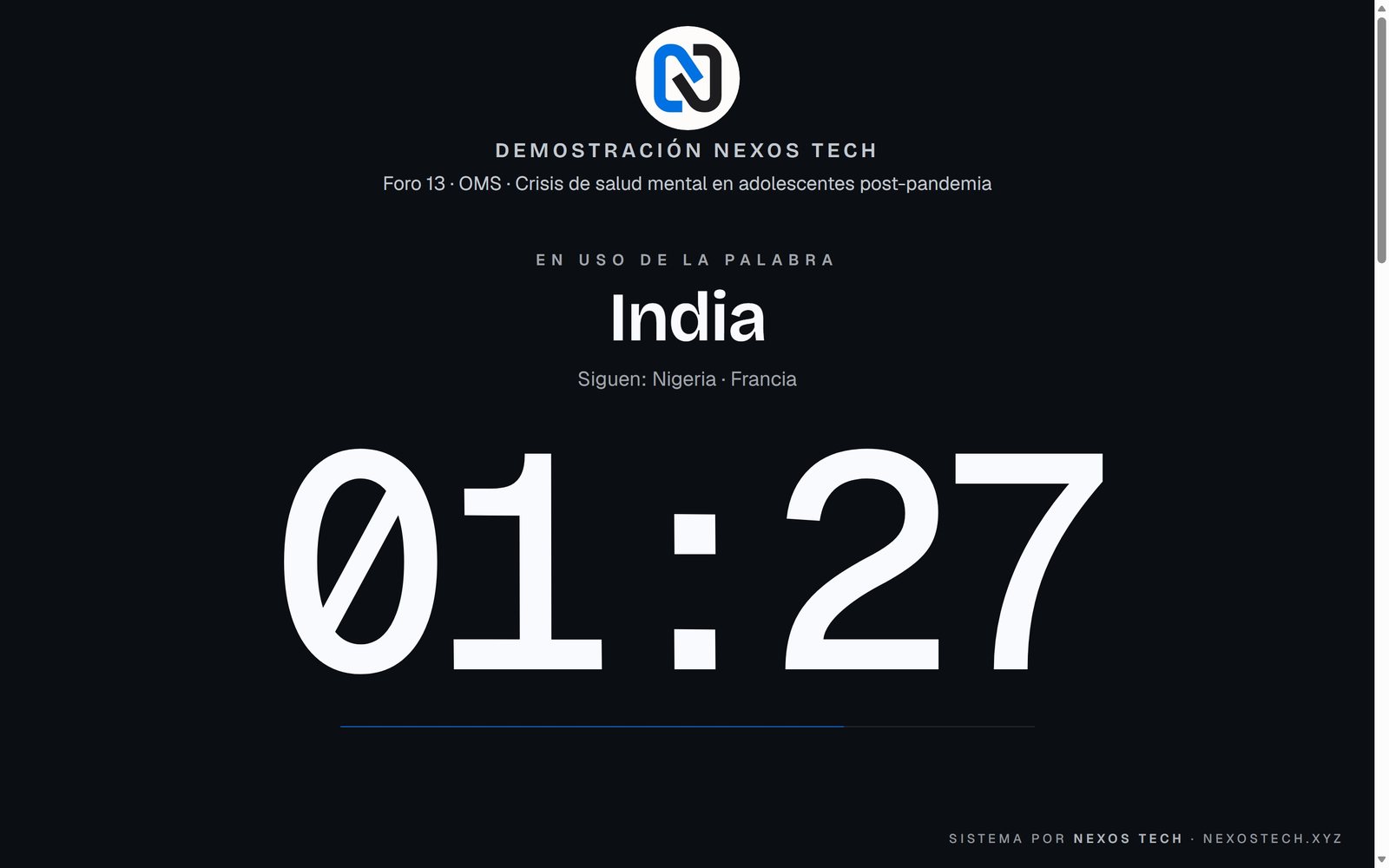 Proyector con fondo oscuro en turno de orador: tiene la palabra India, siguen Nigeria y Francia, quedan 01:27.