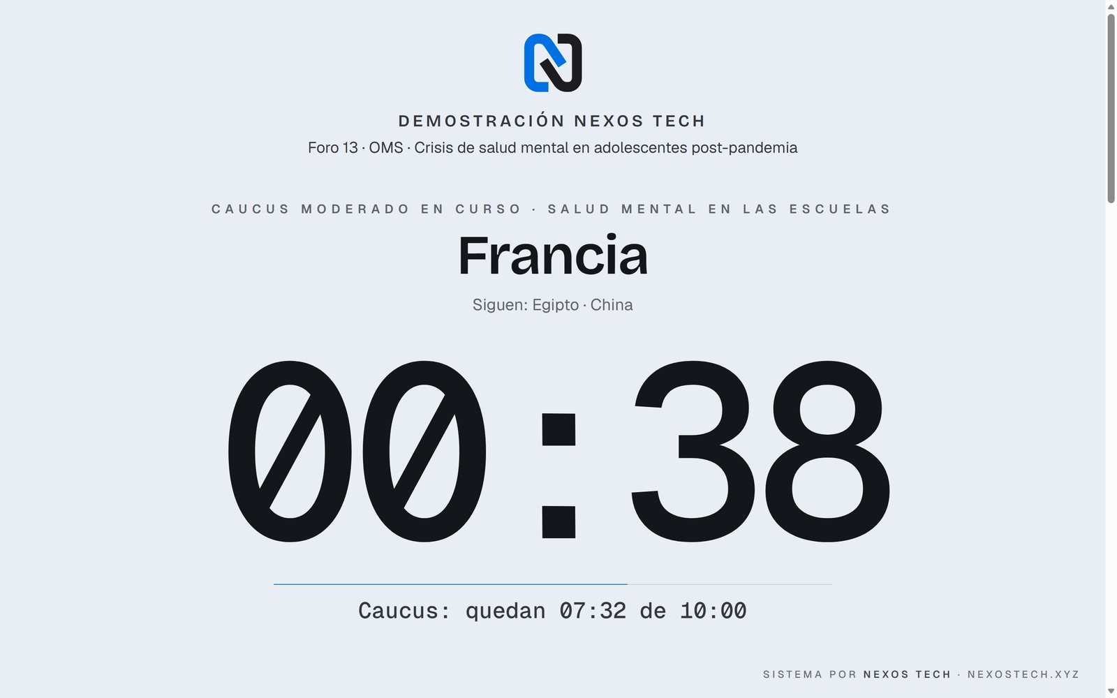 Proyector con fondo claro durante un caucus moderado: habla Francia con 00:38 y quedan 07:32 de 10:00 del caucus.