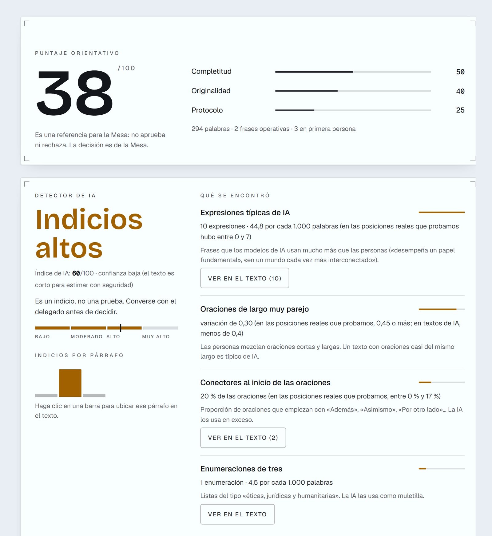 Revisión de una posición oficial: puntaje orientativo de 38 sobre 100 y detector de IA con los indicios encontrados.